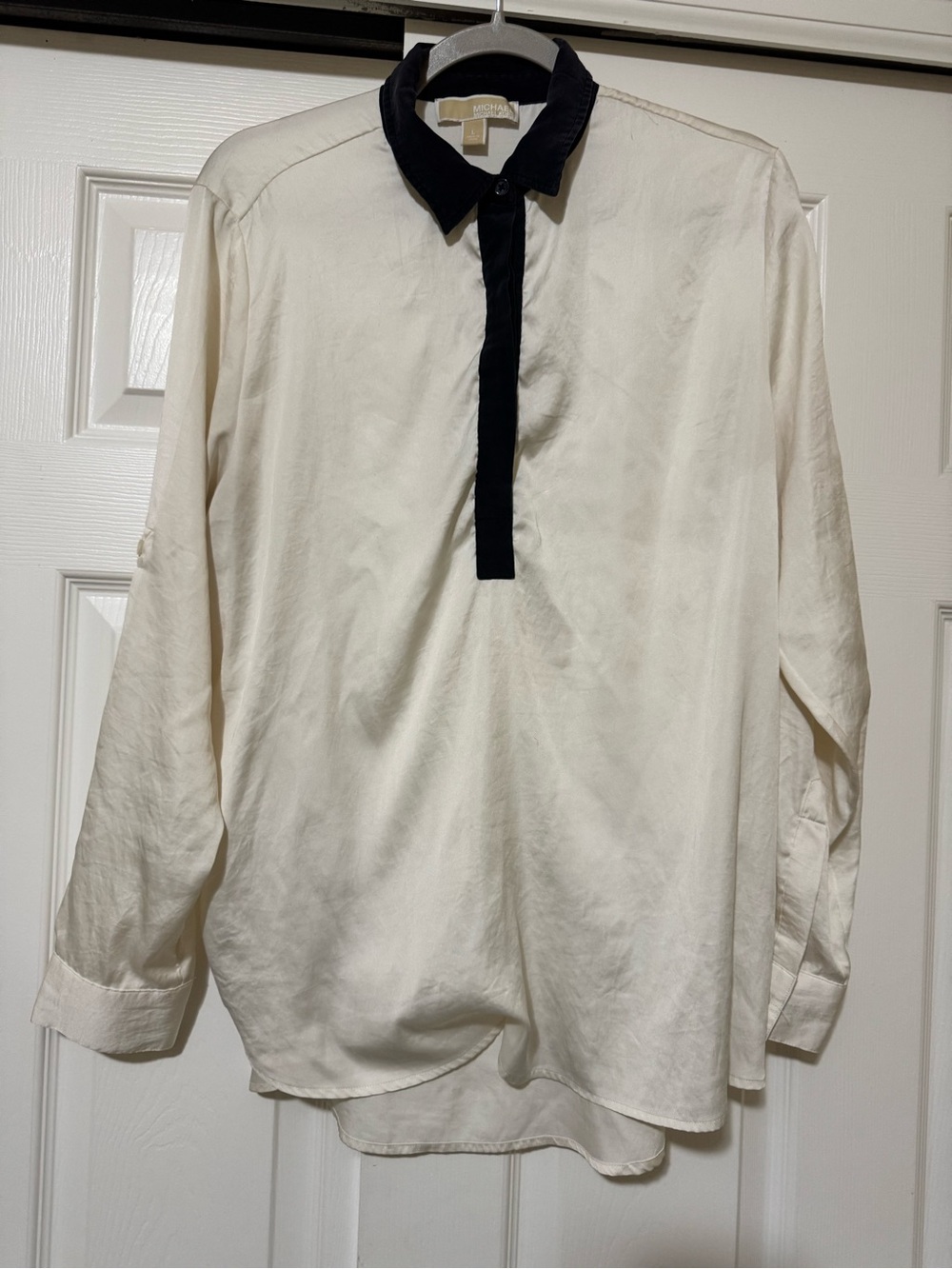 Michael Kors Cream Long-Sleeve Shirt with Black Collar and Placket